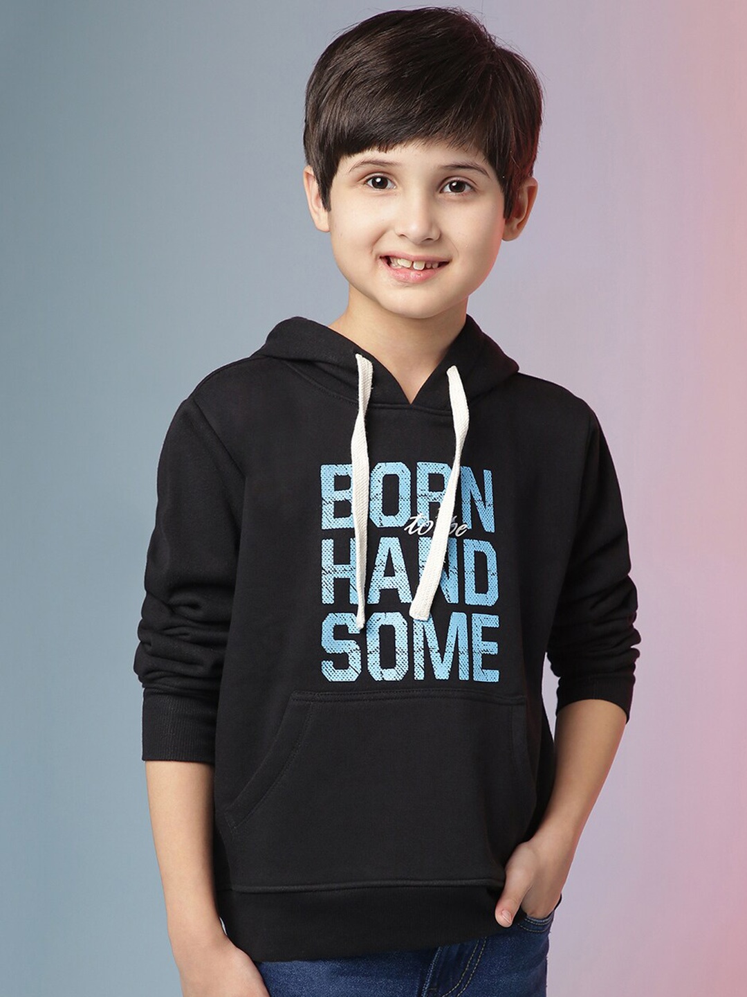 

Instafab Boys Typographic Printed Hooded Cotton Sweatshirt, Black