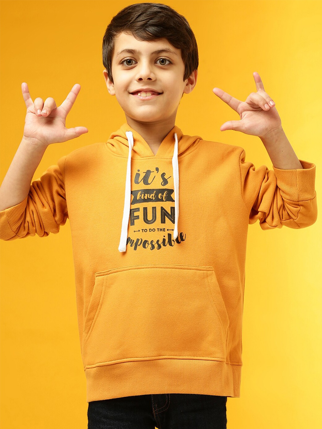 

Instafab Boys Typographic Printed Hooded Cotton Sweatshirt, Mustard