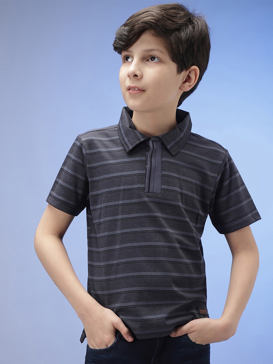 

Instafab Boys Striped Polo Collar Cotton T-shirt, Grey