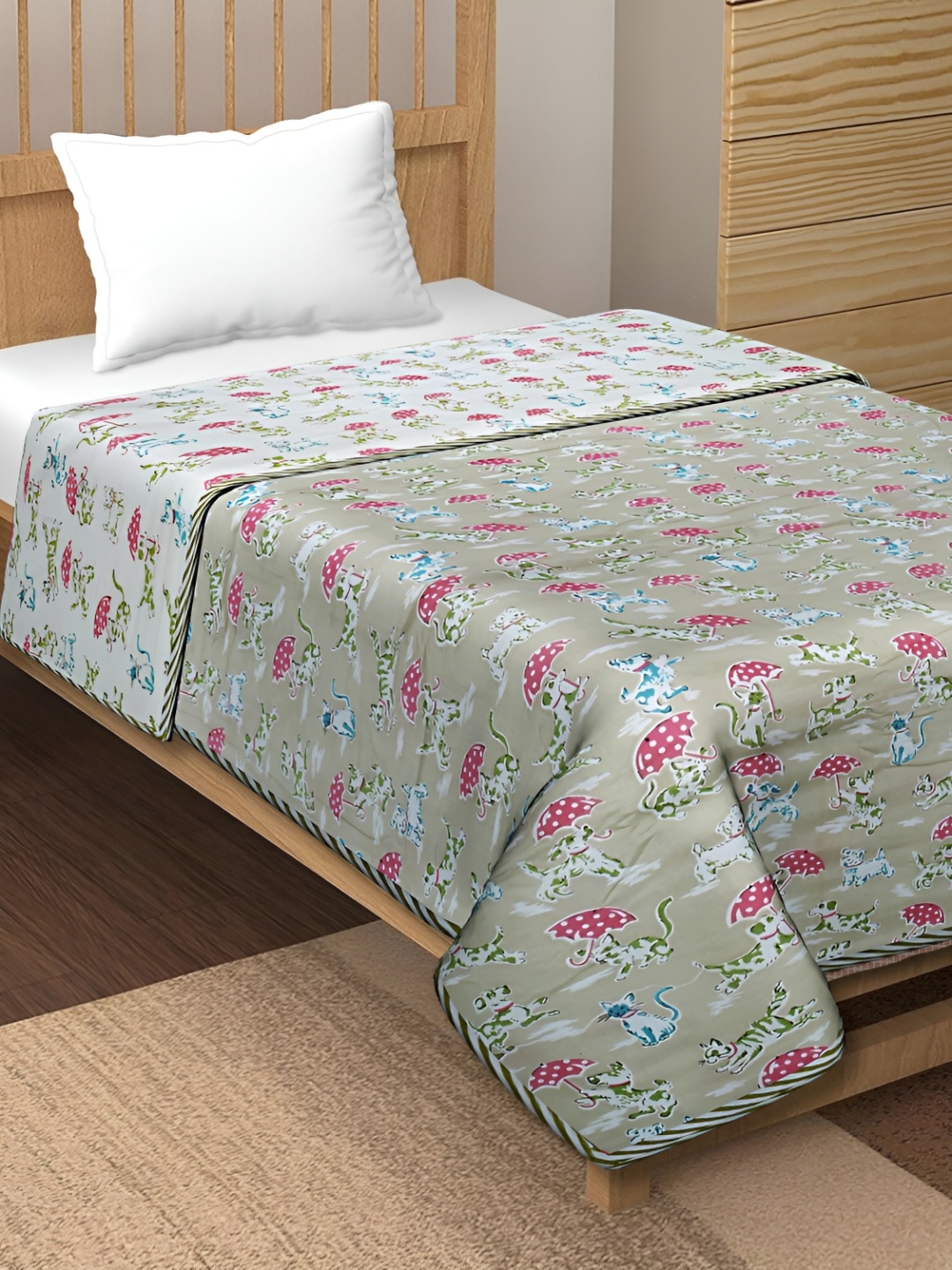 

Texstylers Grey & Green Cartoon Printed AC Room 120 GSM Cotton Reversible Single Bed Dohar