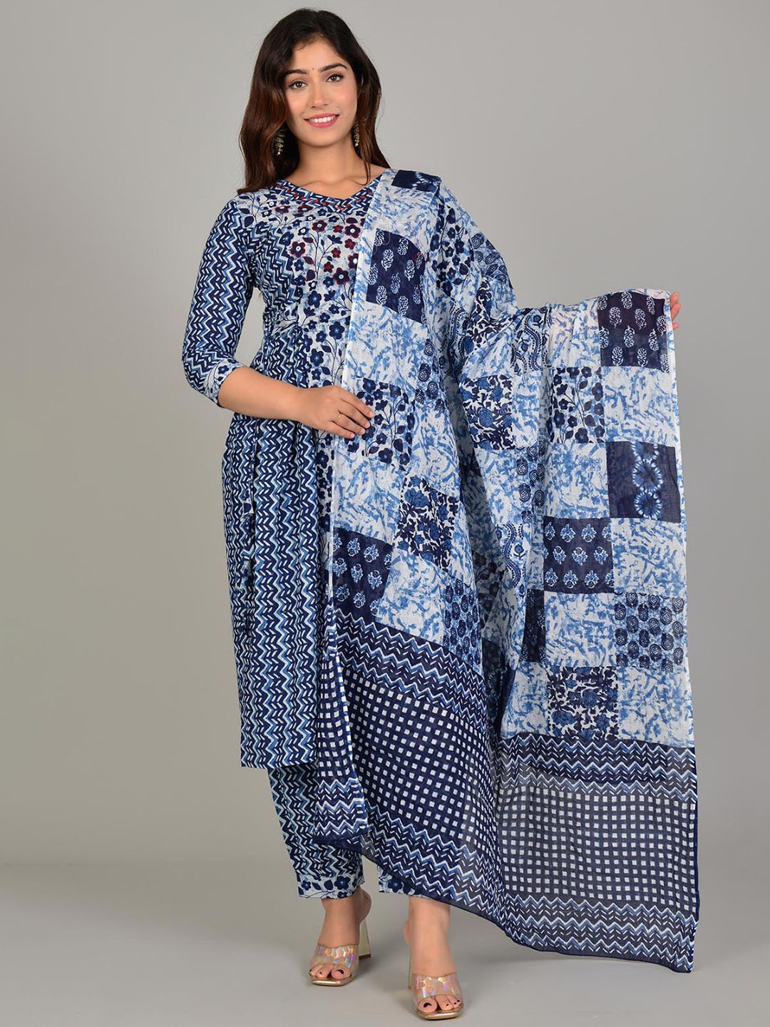 

Lovista Floral Printed V-Neck Mirror Work Pure Cotton Kurta with Salwar & With Dupatta, Blue