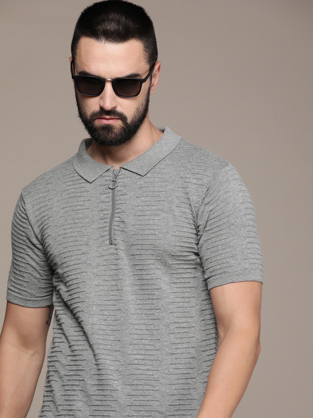 

Roadster Men Self Design Polo Collar T-shirt, Grey melange
