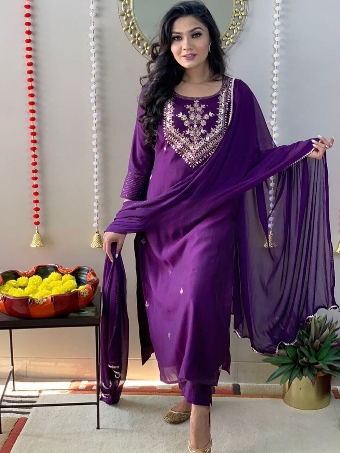 

Navlik Ethnic Motifs Yoke Design Sequined Kurta With Trouser & Dupatta, Purple