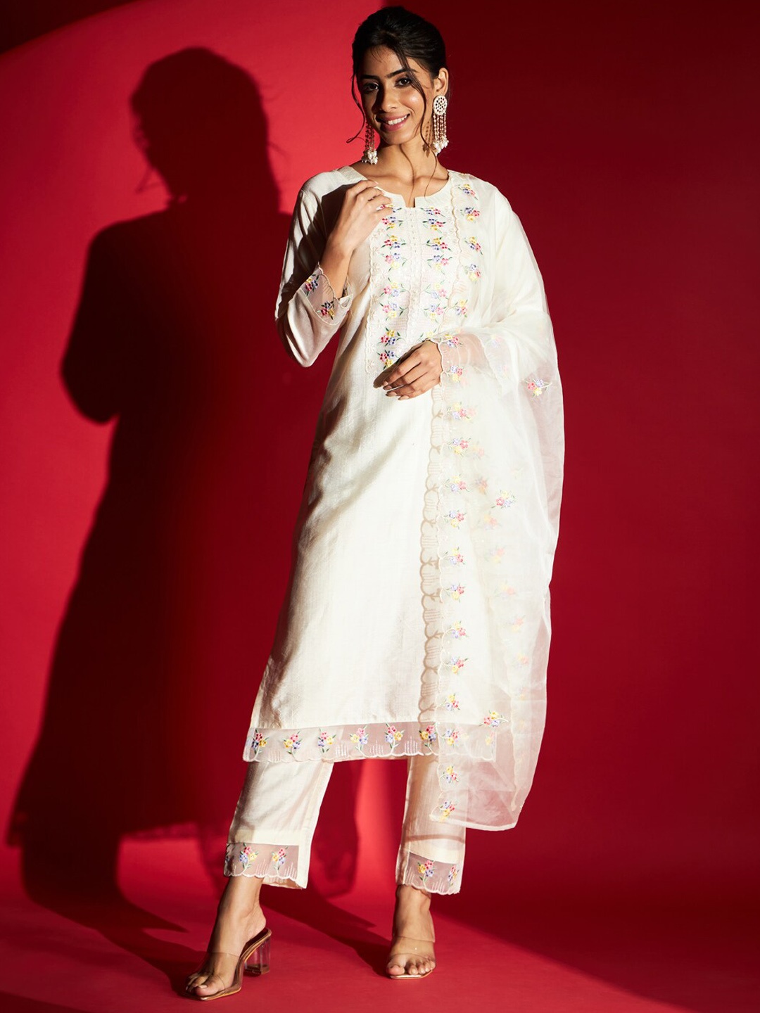 

Navlik Floral Embroidered Thread Work Pure Cotton Kurta With Trousers & Dupatta, Cream