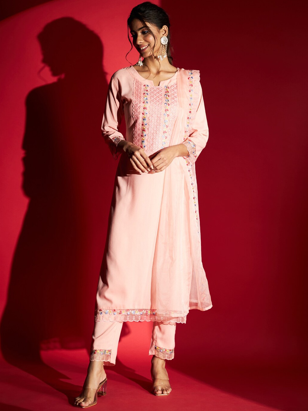 

Navlik Floral Embroidered Kurta With Trousers & Dupatta, Peach
