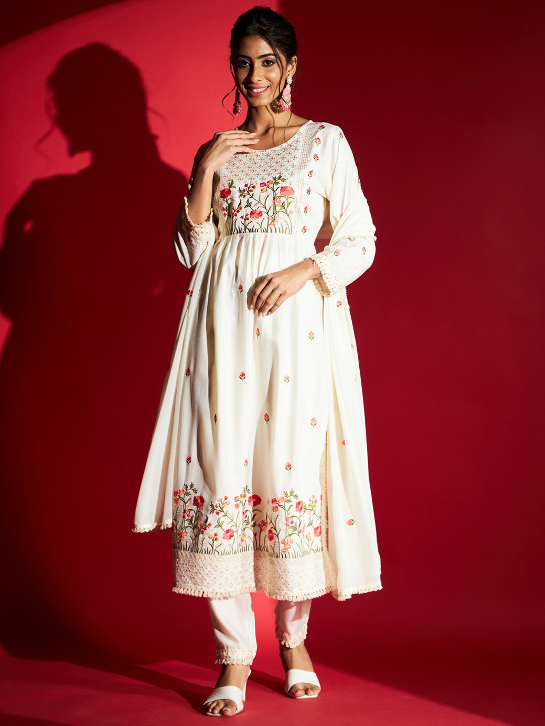 

Navlik Floral Embroidered Sequined Pleated Kurta Wwith Trouser & Dupatta, Off white