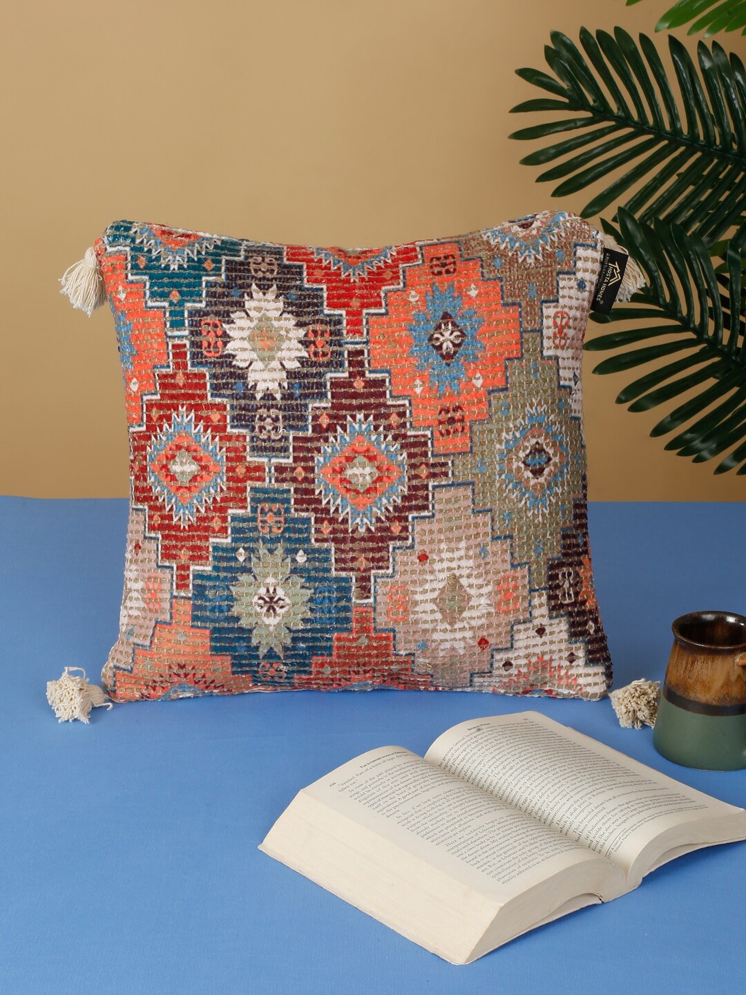 

HOSTA HOMES Beige & Blue Ethnic Motifs Square Pure Cotton Cushion Cover