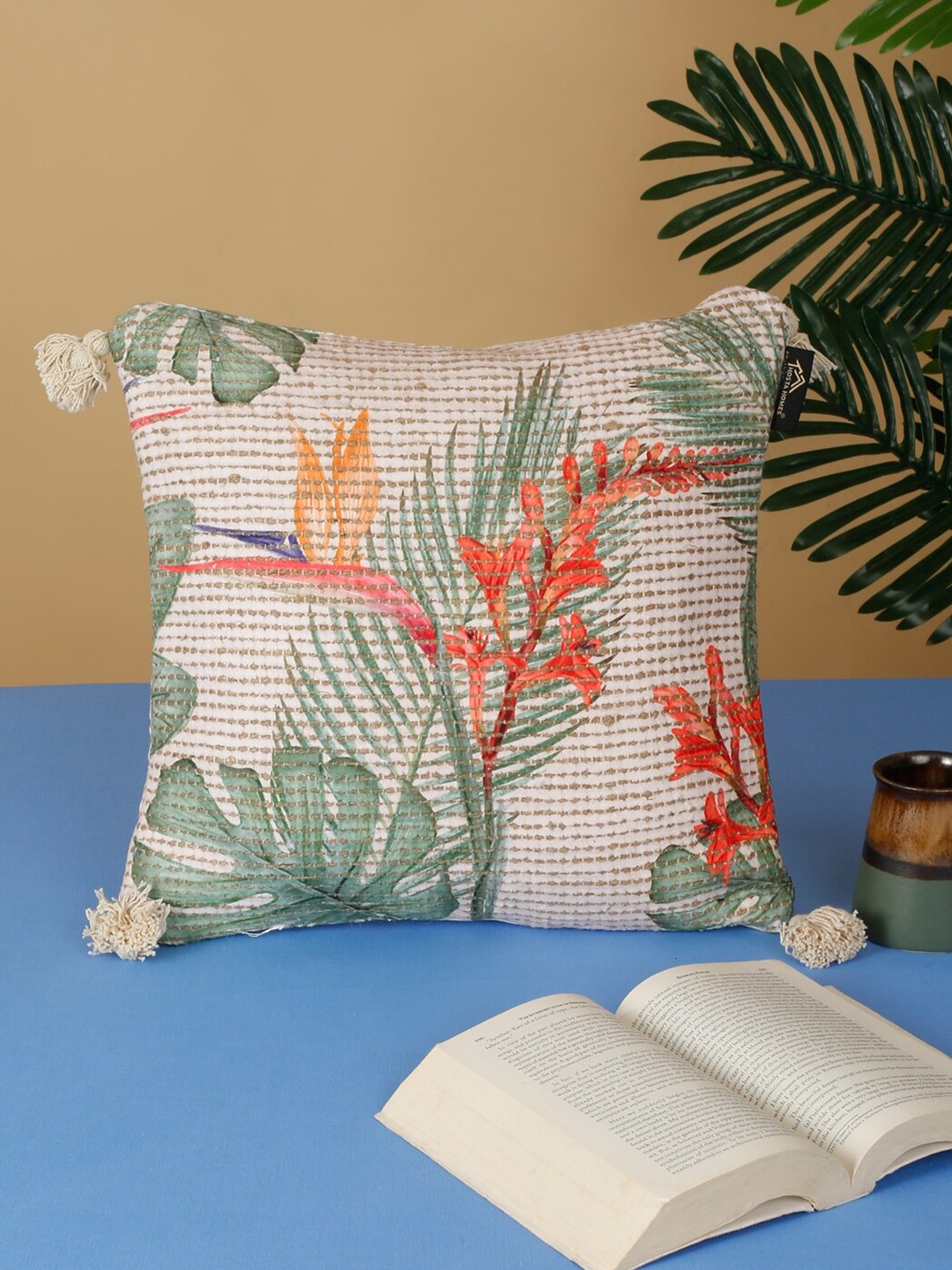 

HOSTA HOMES Beige & Red Square Pure Cotton Cushion Cover