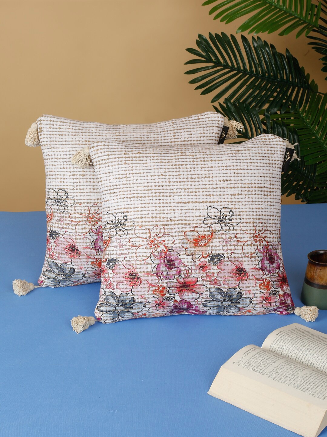 

HOSTA HOMES White & Blue 2 Pieces Square Pure Cotton Cushion Covers
