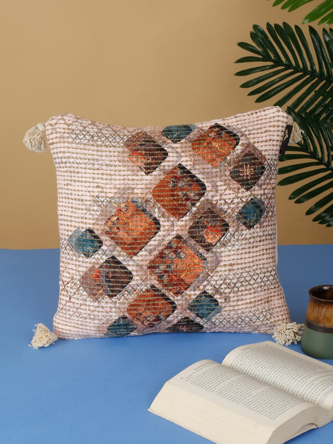 

HOSTA HOMES Beige Blue Geometric Cotton Square Cushion Cover