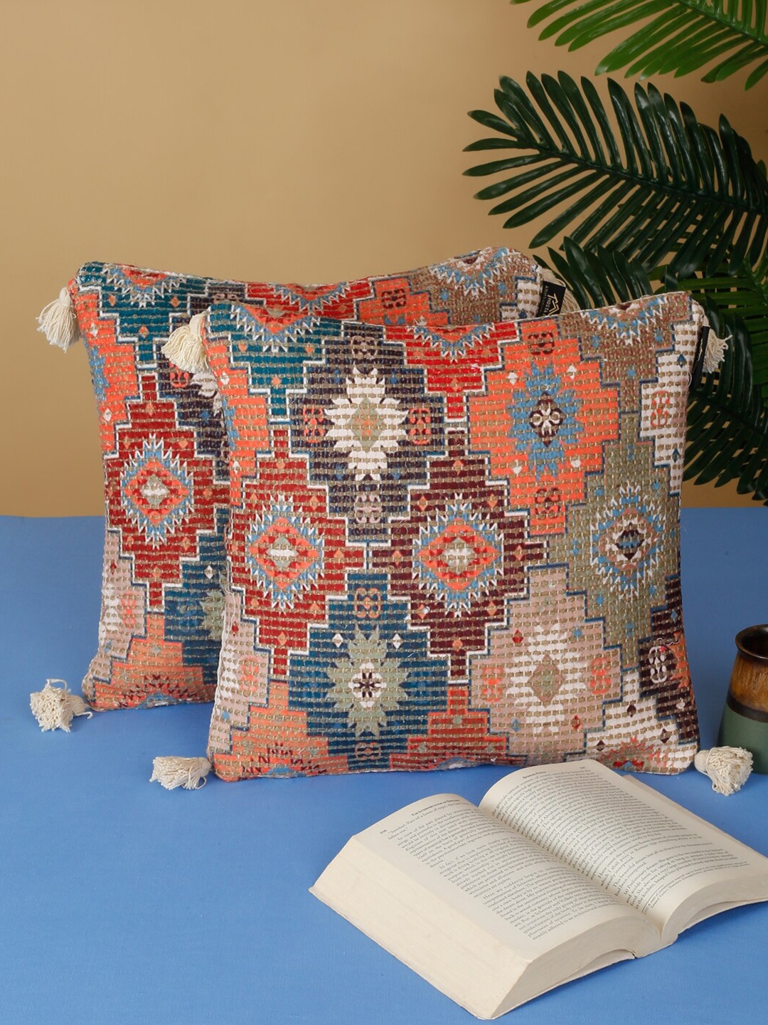 

HOSTA HOMES Blue Orange 2 Pieces Geometric Cotton Square Cushion Covers