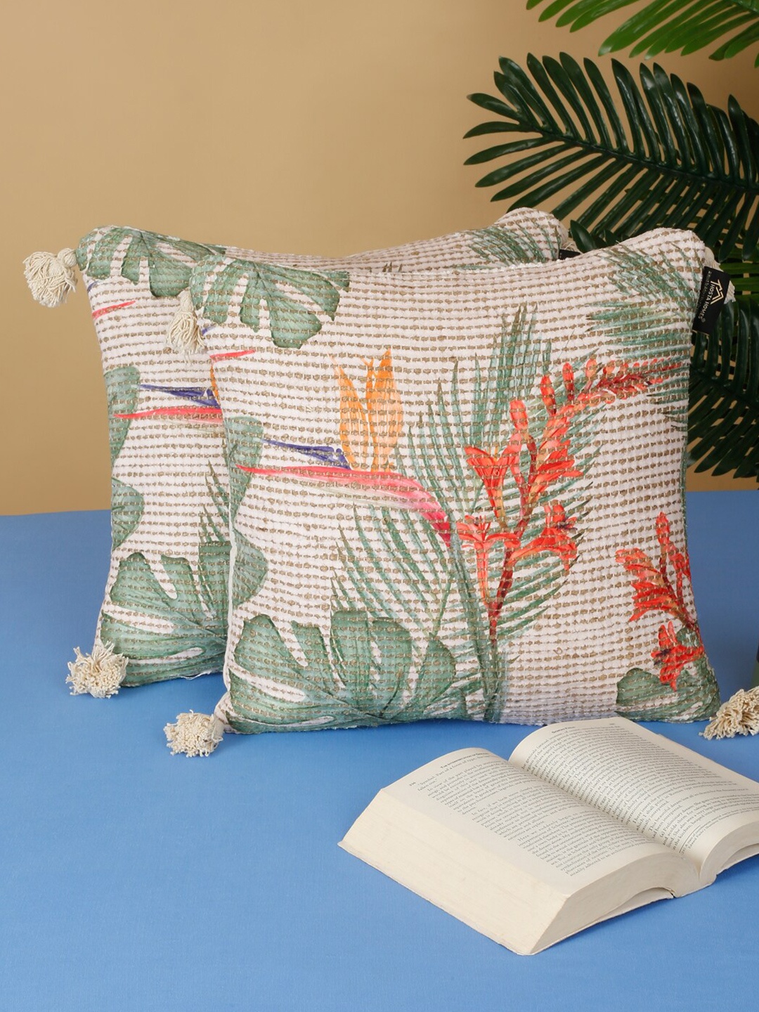 

HOSTA HOMES Cream Green 2 Pieces Floral Cotton Square Cushion Covers