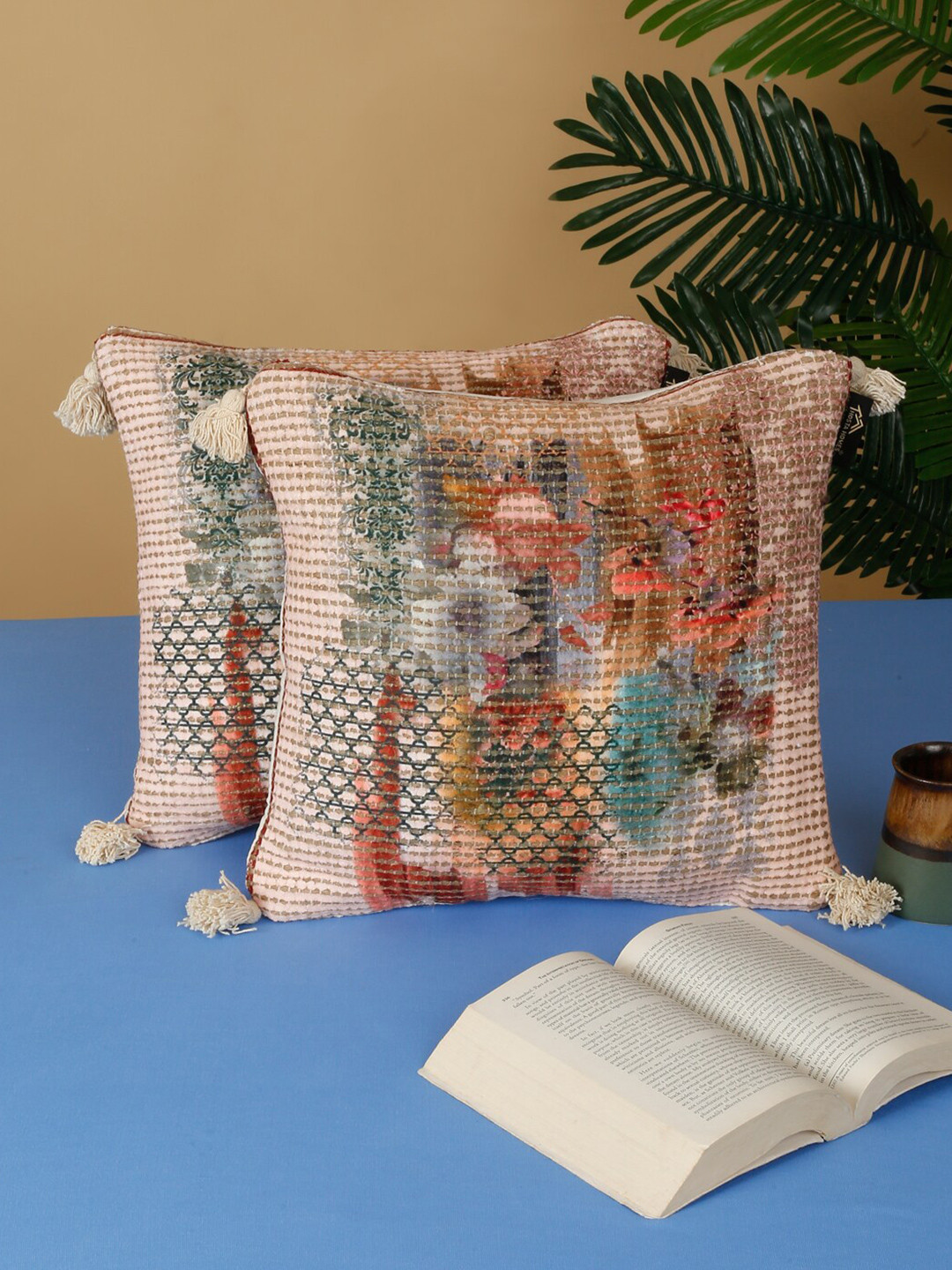 

HOSTA HOMES Beige Green 2 Pieces Floral Cotton Square Cushion Covers