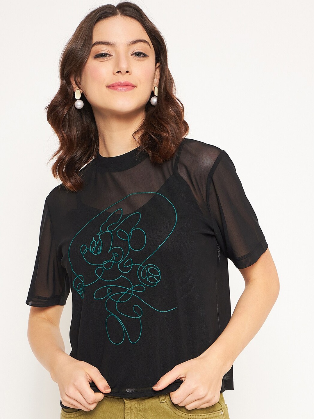 

Madame Minnie Mouse Printed High Neck Semi Sheer Top, Black