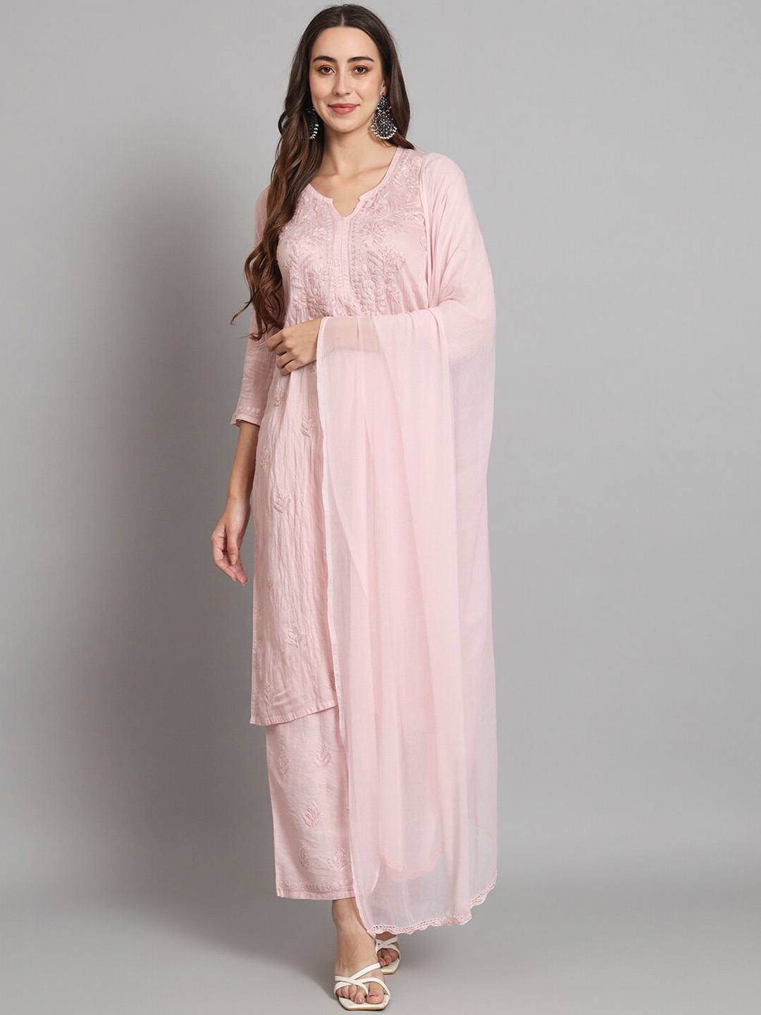 

PARAMOUNT CHIKAN Embroidered Lucknowi Chikankari Straight Kurta & Palazzos With Dupatta, Peach