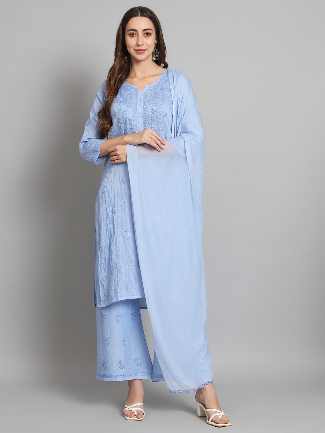 

PARAMOUNT CHIKAN Embroidered Chikankari Chanderi Cotton Kurta with Palazzos With Dupatta, Blue