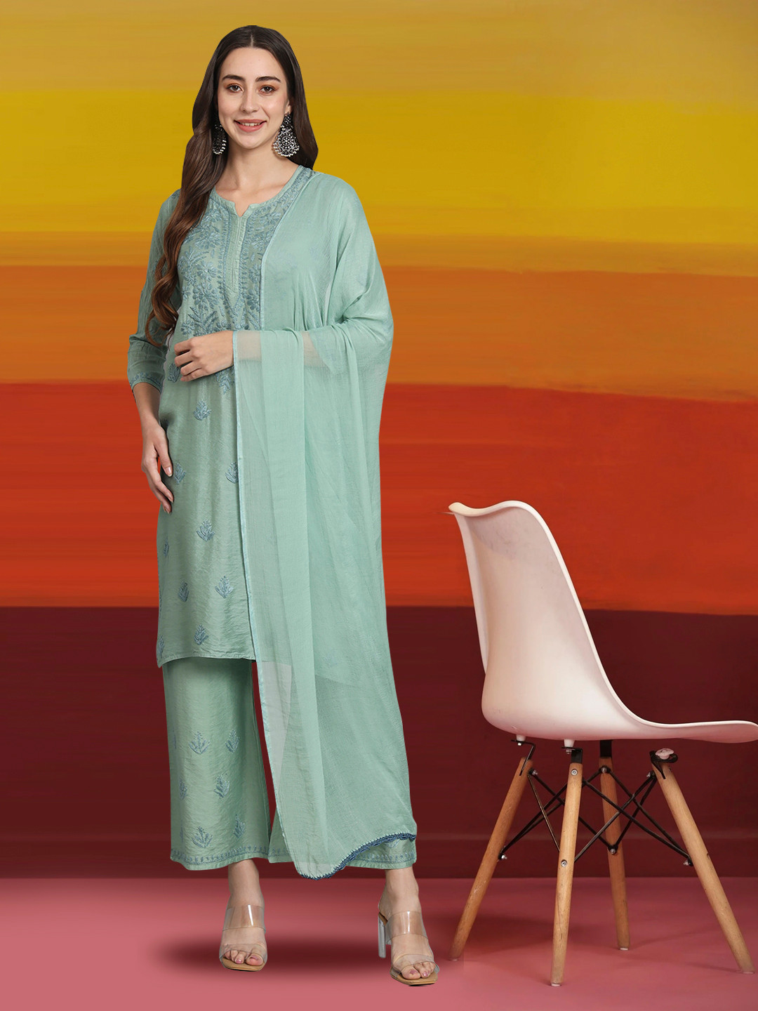 

PARAMOUNT CHIKAN Embroidered Chikankari Chanderi Cotton Kurta with Palazzos With Dupatta, Olive
