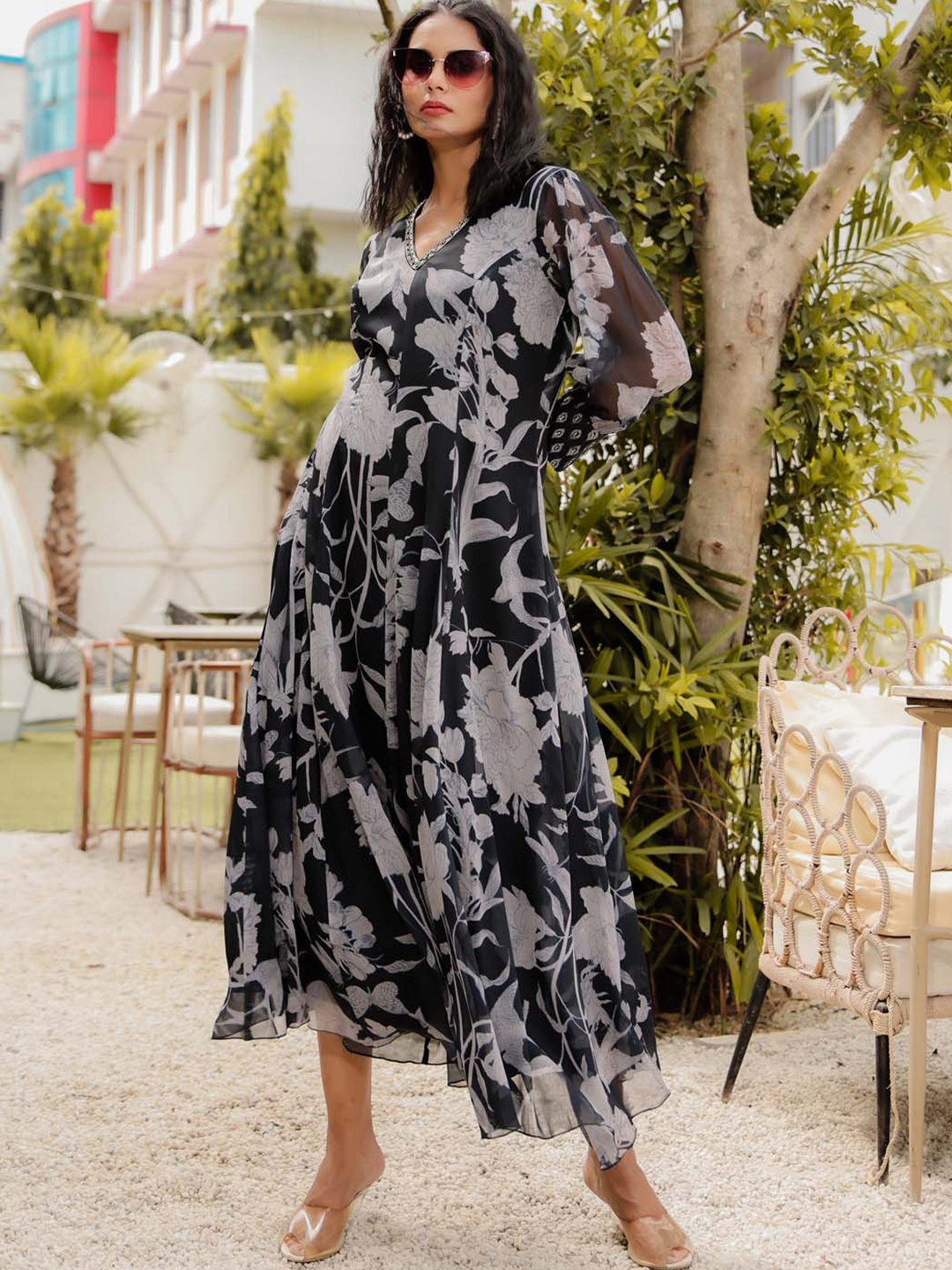 

Meena Bazaar Floral Printed Sequined Georgette A Line Dress, Black