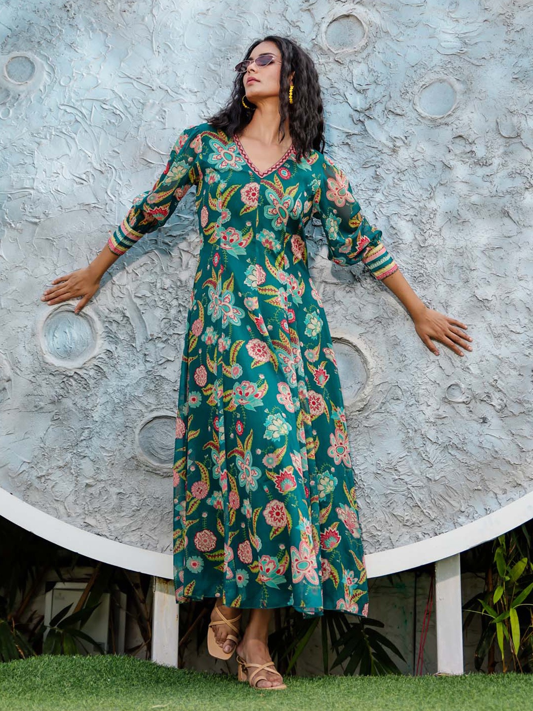 

Meena Bazaar Floral Printed Sequined Georgette A Line Midi Dress, Green