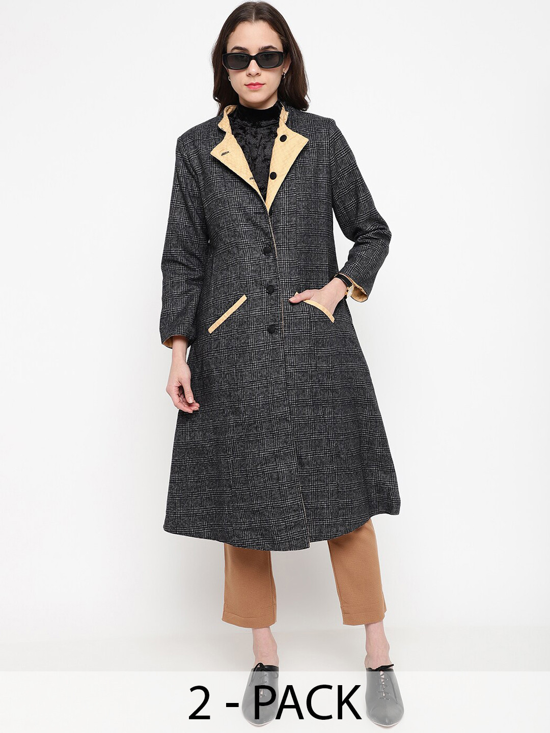 

Be Indi Checked Woollen Reversible Overcoat, Black