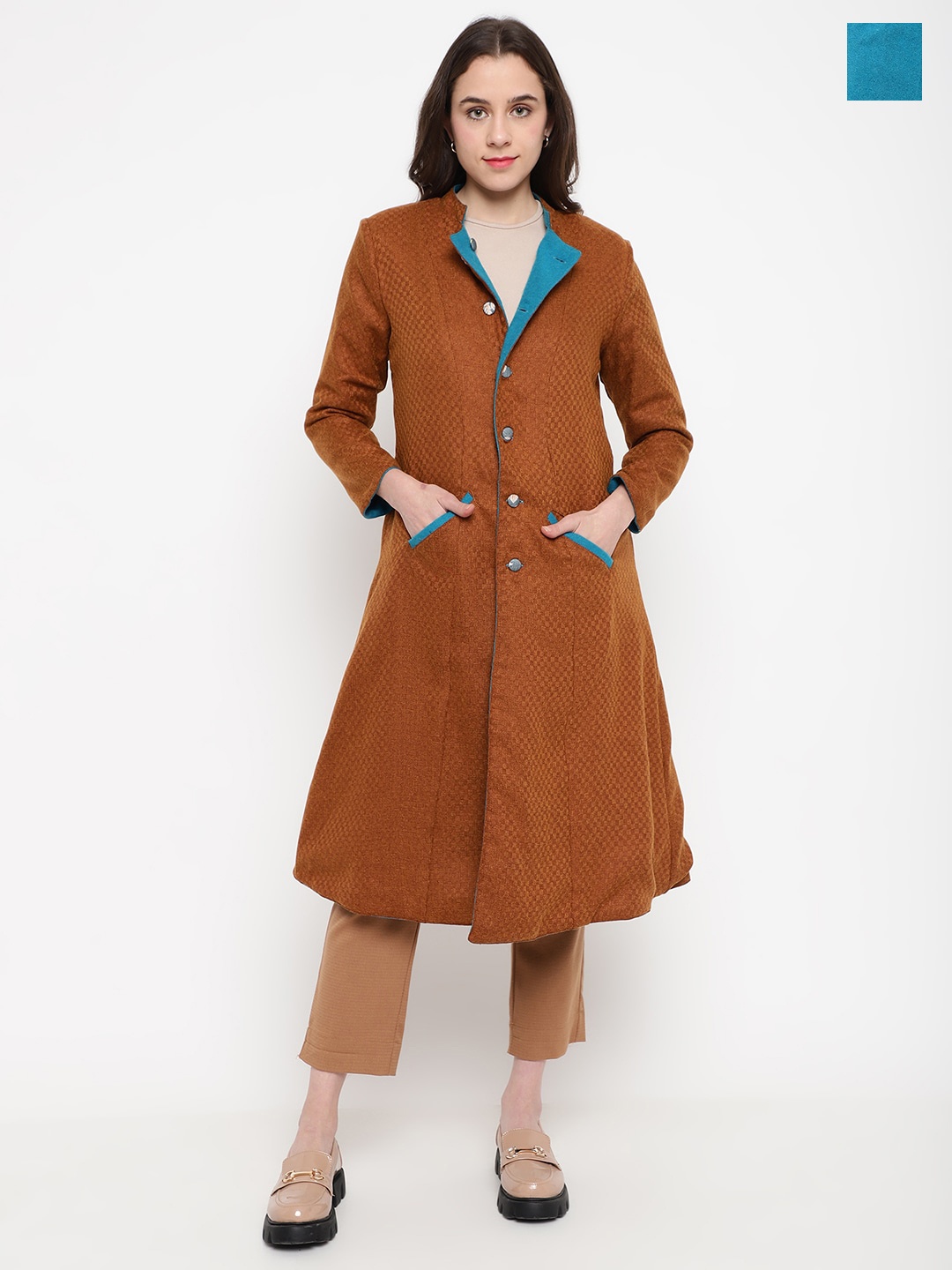 

Be Indi Self Design Single-Breasted Overcoat, Brown