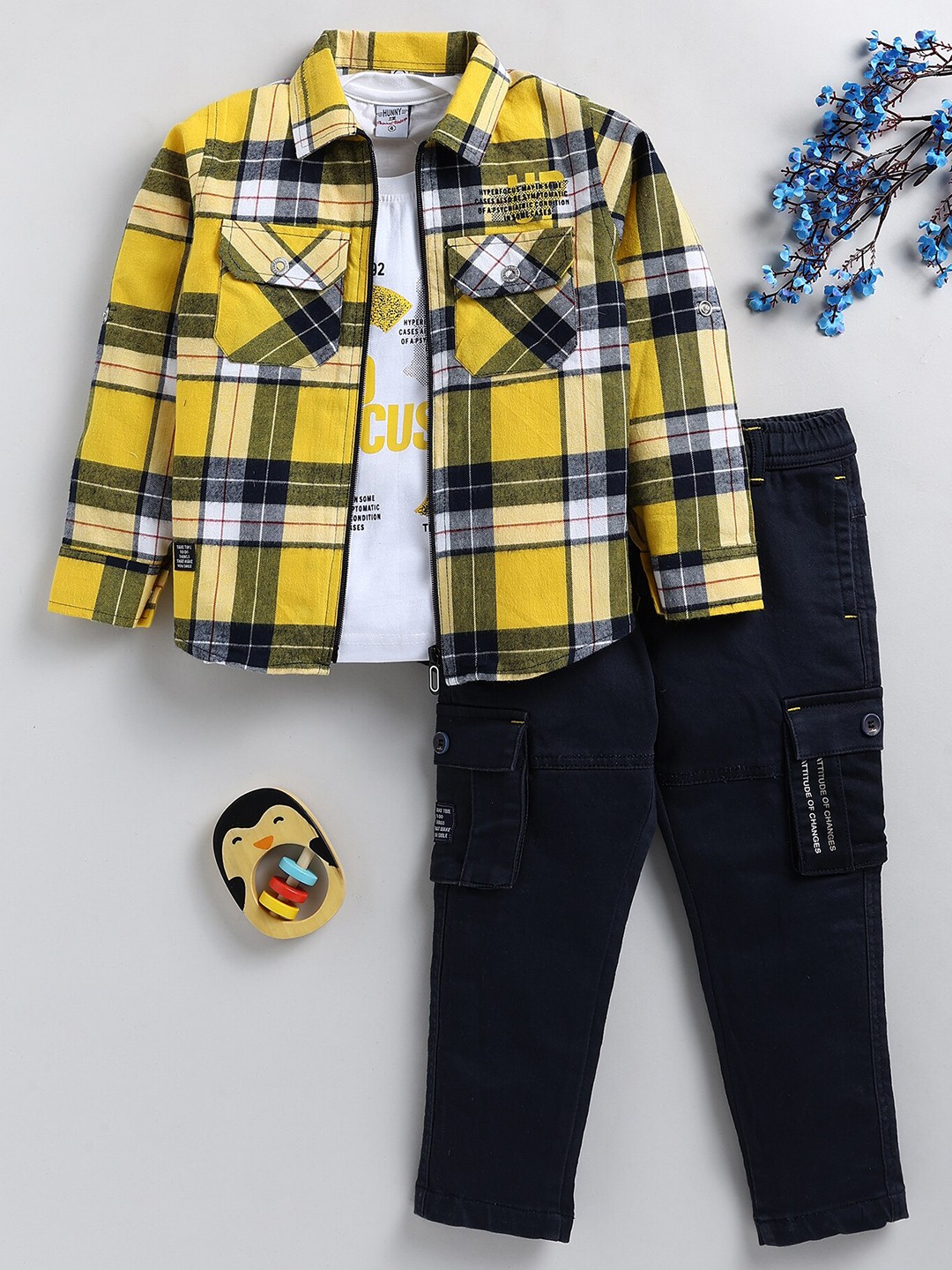 

Toonyport Boys Checked Pure Cotton T-shirt and Shirt with Trousers, Yellow