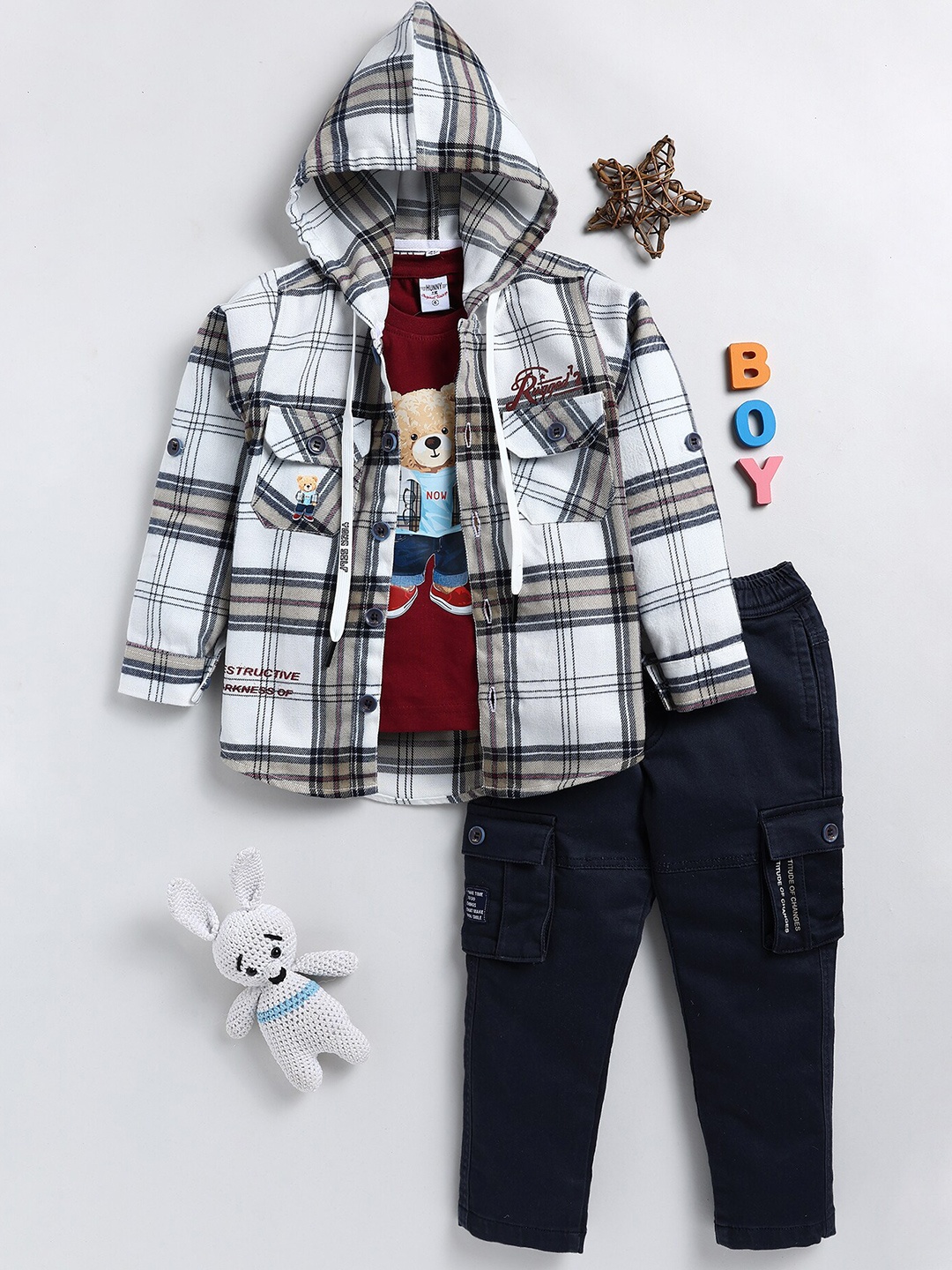 

Toonyport Boys Printed Pure Cotton T-shirt and Checked Hooded Shirt with Trousers, Maroon