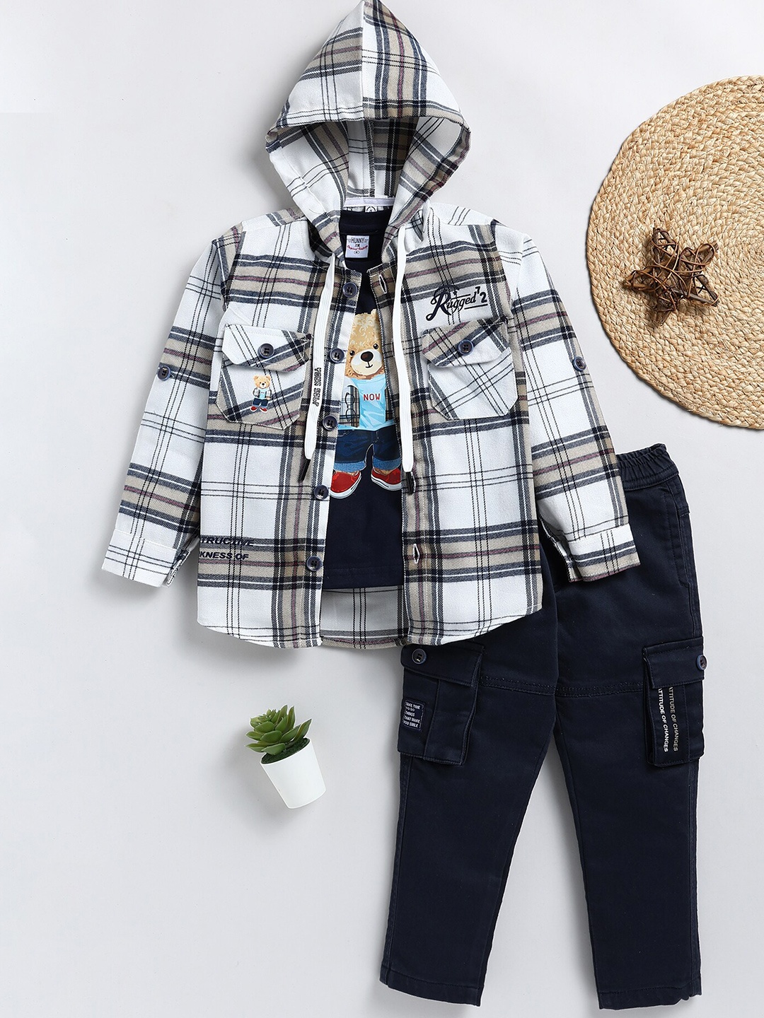 

Toonyport Boys Checked Pure Cotton T-shirt and Shirt with Trousers, Navy blue