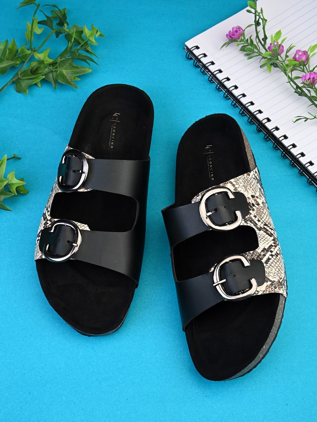 

LEONCINO Printed Double Strap Open Toe Flats With Buckles, Black