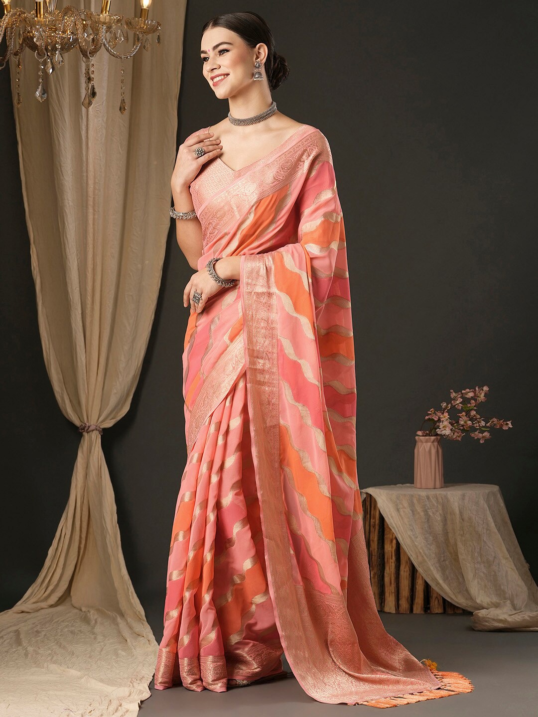 

Anouk Ethnic Motifs Zari Boarder Pure Georgette Banarasi Saree, Pink