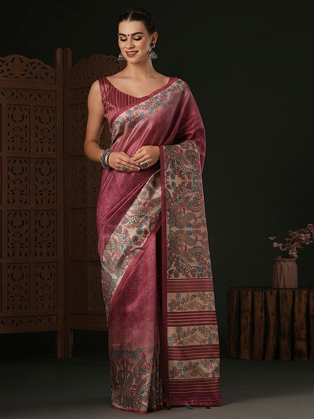 

Anouk Pink Kalamkari Silk Blend Designer Dabu Saree