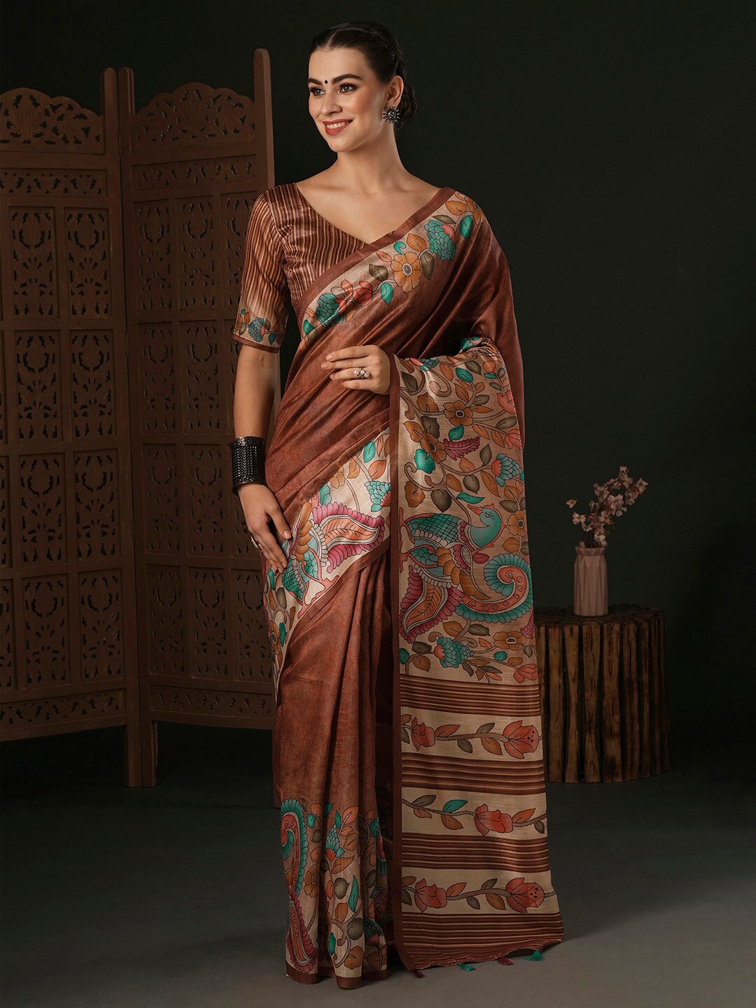 

Anouk Kalamkari Silk Blend Designer Dabu Saree, Brown