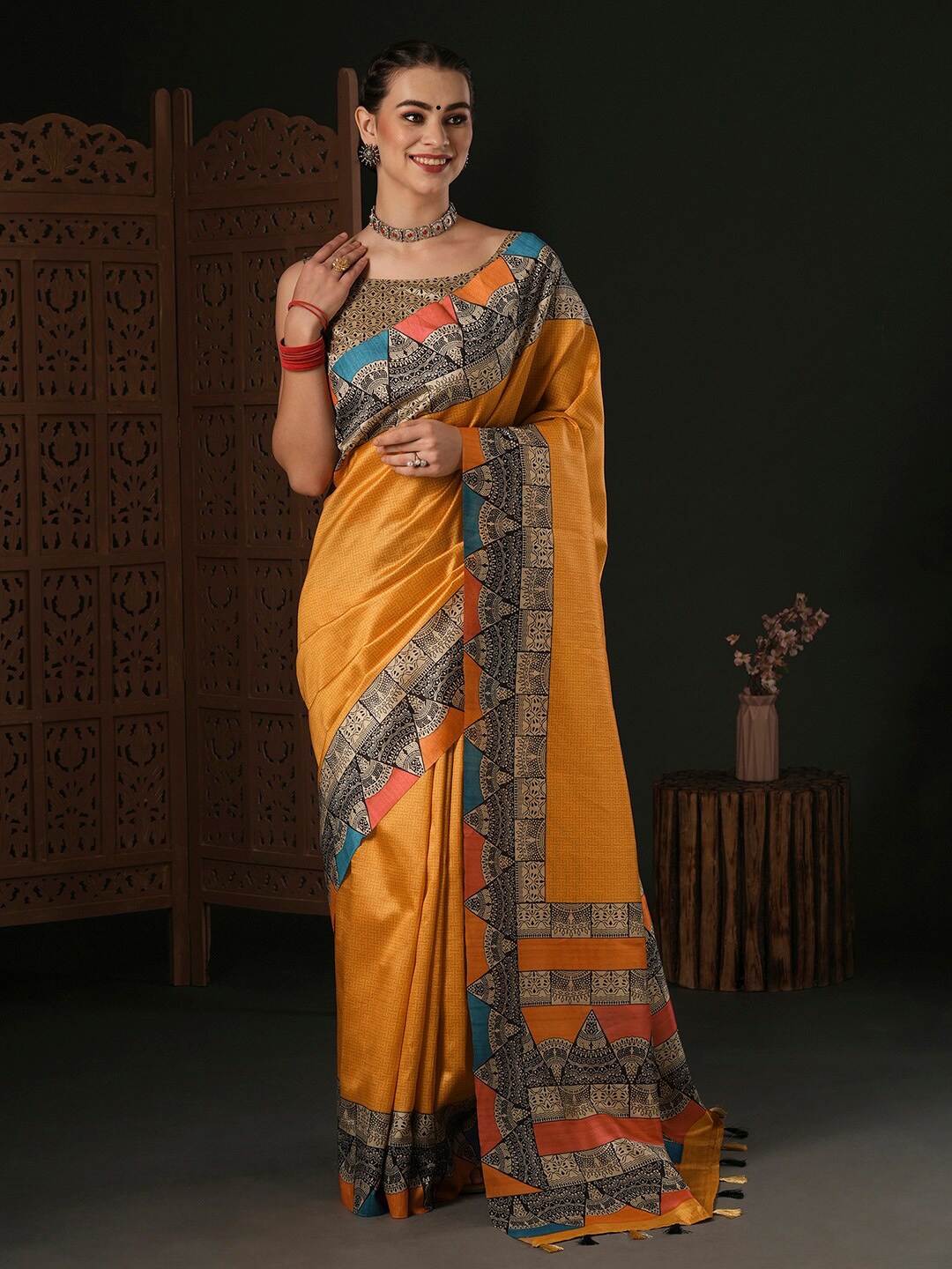 

Anouk Yellow Ethnic Motifs Silk Blend Designer Dabu Saree