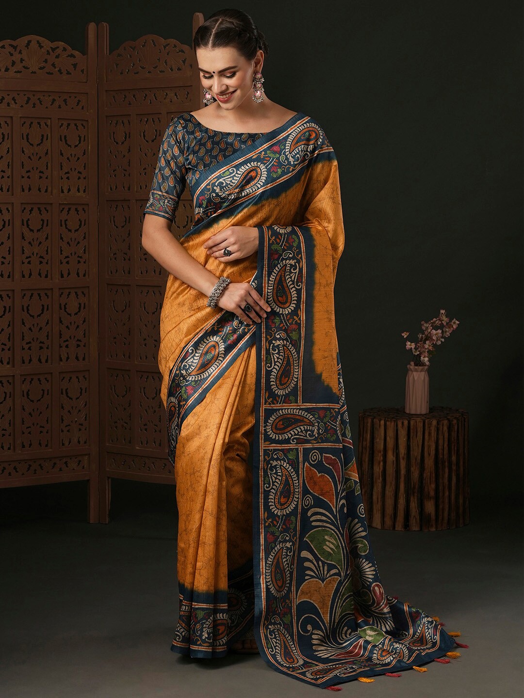 

Anouk Ethnic Motifs Printed Saree Dabu Saree, Mustard