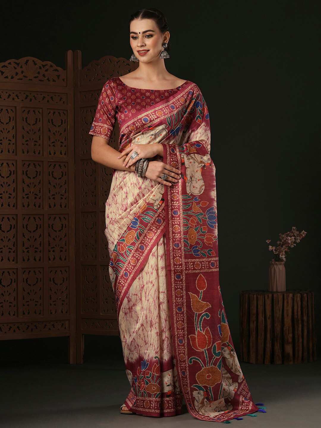 

Anouk Kalamkari Silk Designer Bagru Saree, Cream