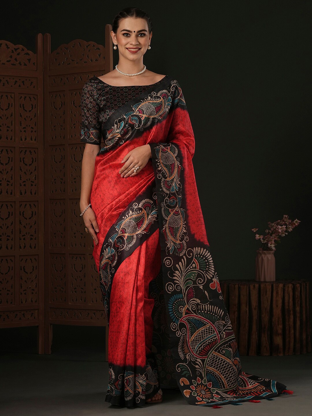 

Anouk Red Ethnic Motifs Silk Blend Designer Dabu Saree