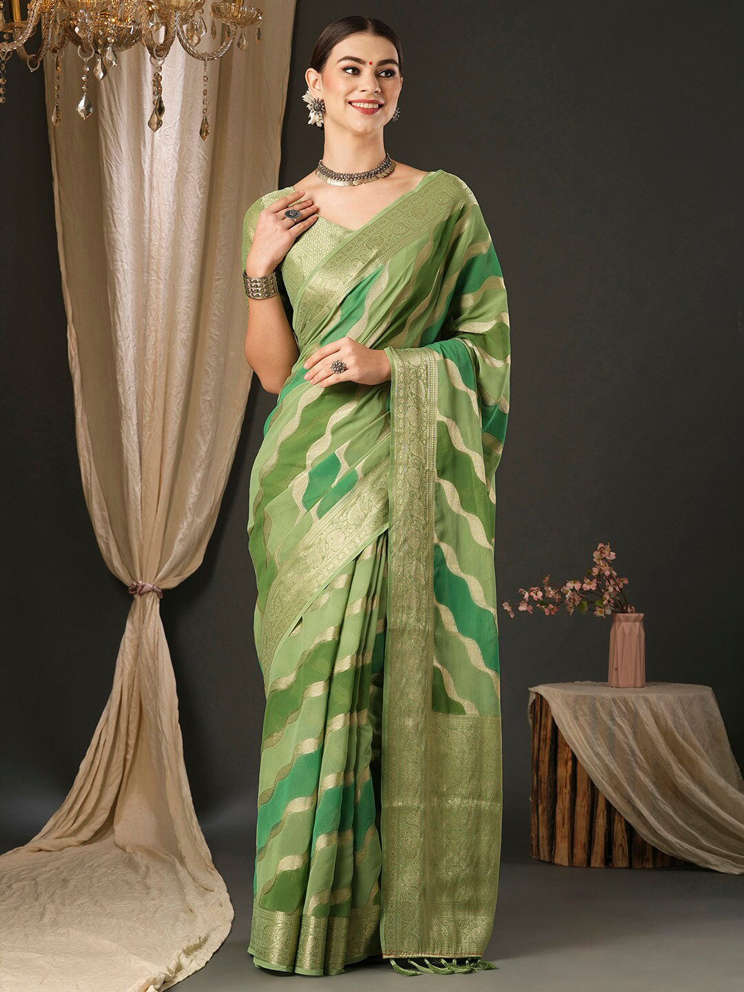 

Anouk Ethnic Motifs Pure Georgette Woven Design Traditional Wear Banarasi Saree, Green