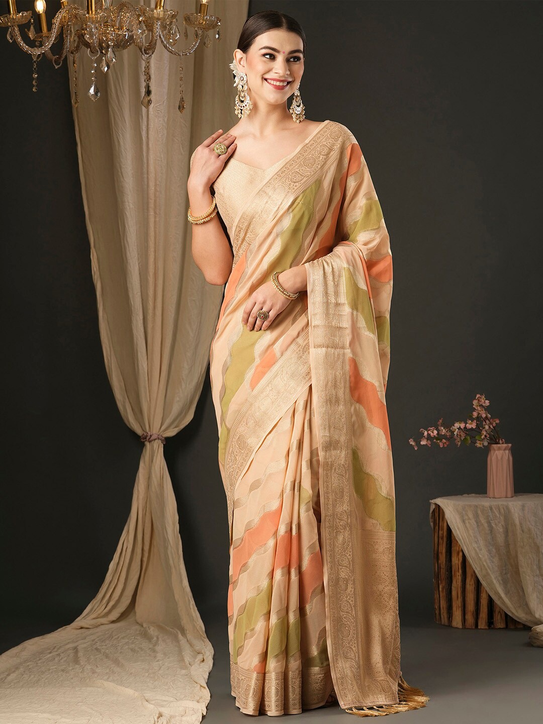 

Anouk Ethnic Motifs Pure Georgette Designer Banarasi Saree, Cream
