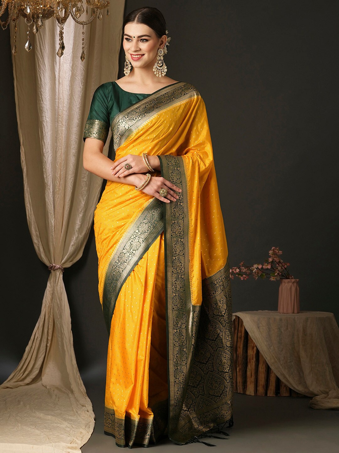 

Anouk Ethnic Motifs Silk Designer Banarasi Saree, Yellow
