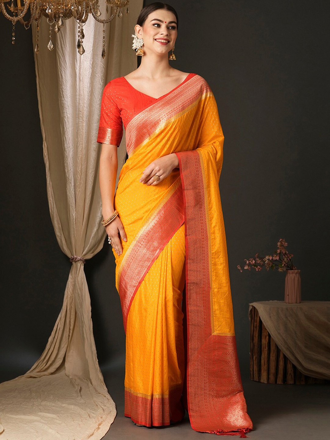 

Anouk Yellow Ethnic Motifs Silk Blend Designer Banarasi Saree