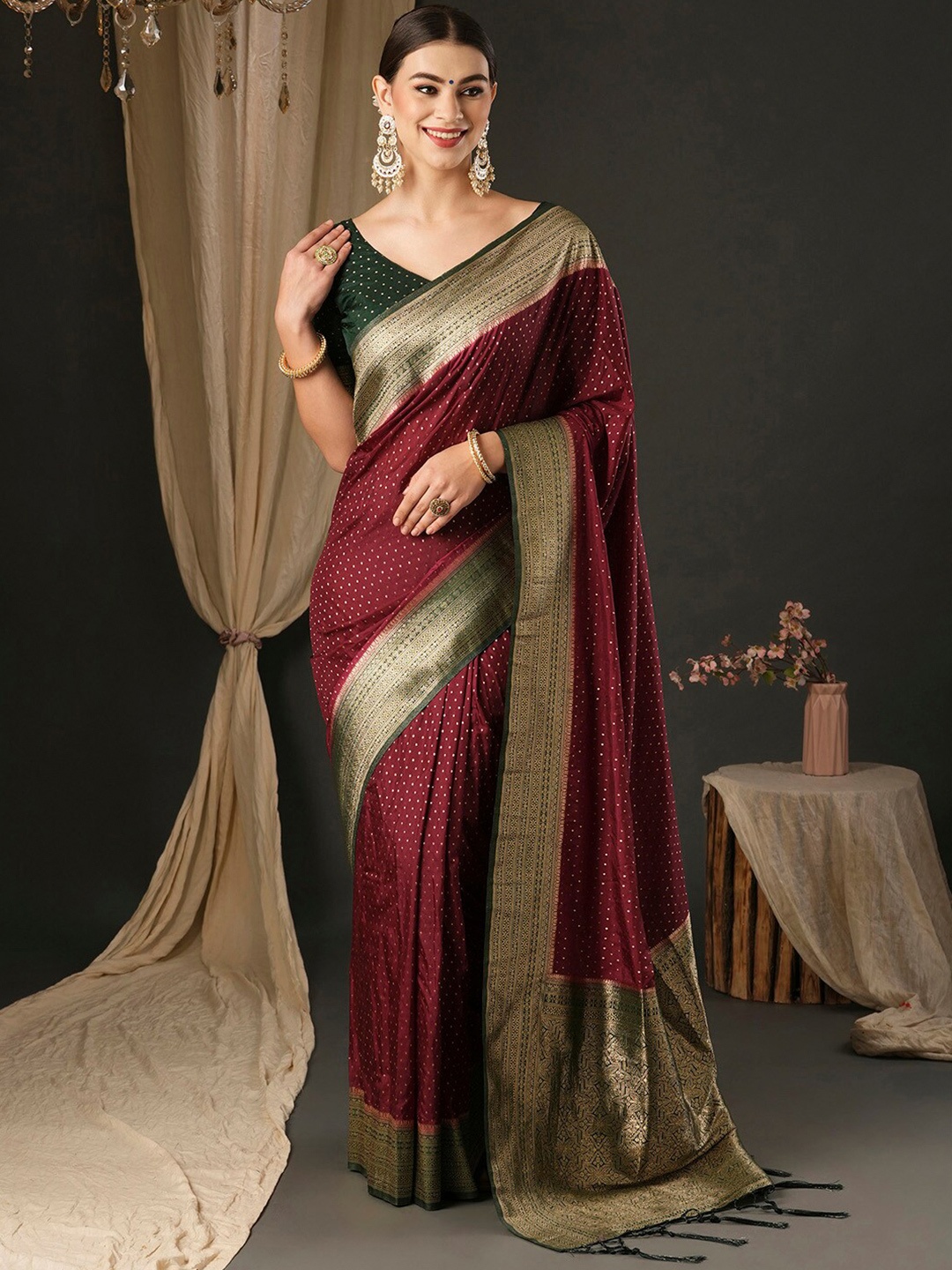 

Anouk Maroon Ethnic Motifs Zari Woven Design Banarasi Saree