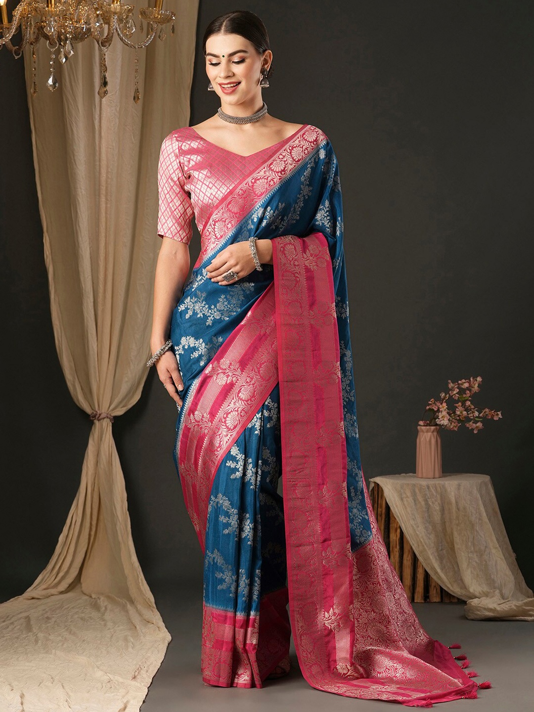 

Anouk Ethnic Motifs Pure Georgette Woven Design Traditional Wear Kanjeevaram Saree, Blue