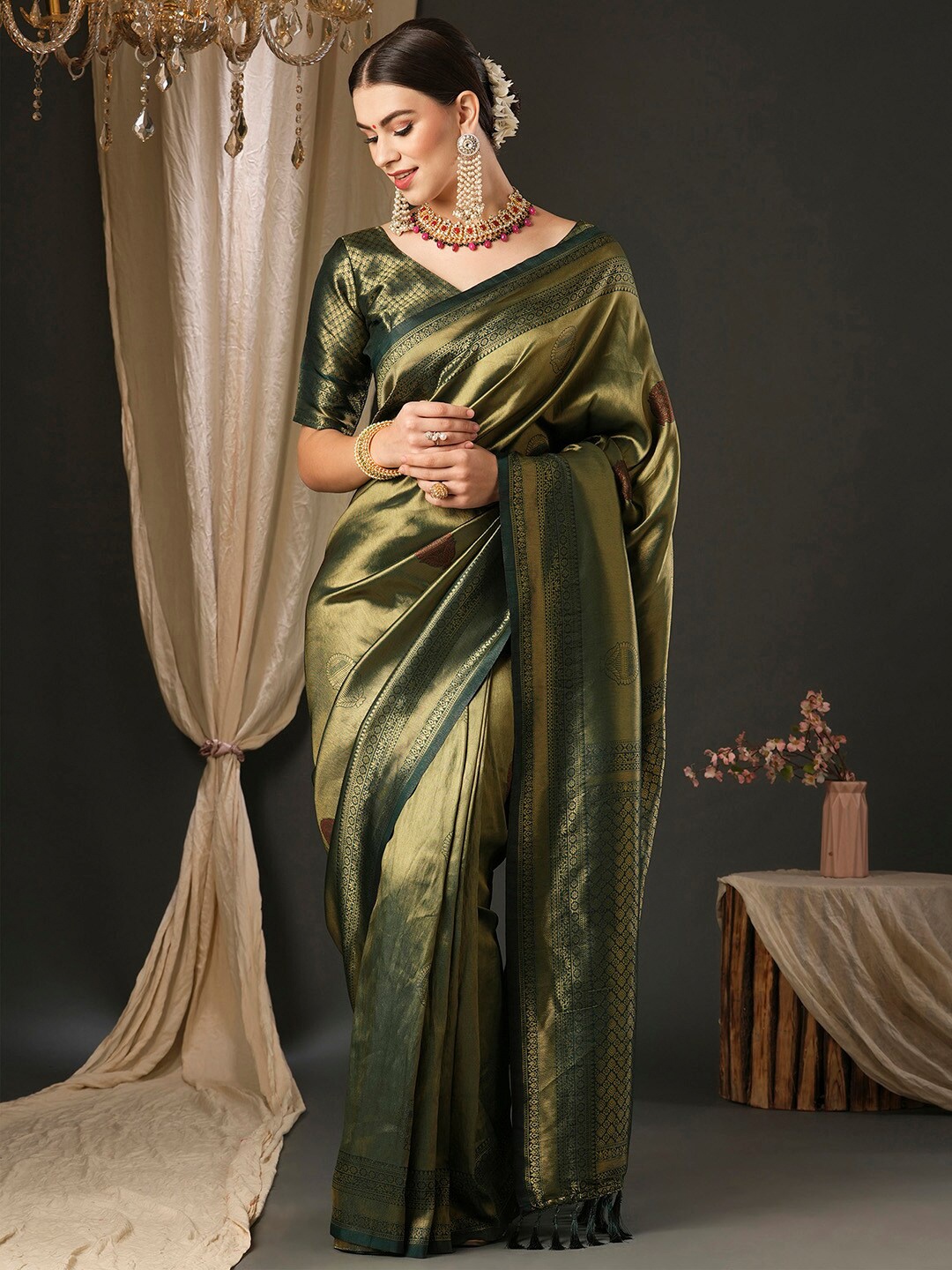 

Anouk Green Ethnic Motifs Silk Blend Designer Banarasi Saree