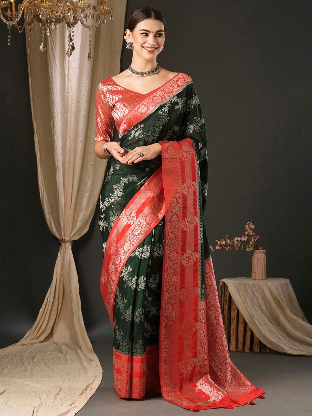 

Anouk Ethnic Motifs Zari Woven Design Pure Georgette Kanjeevaram Saree, Green