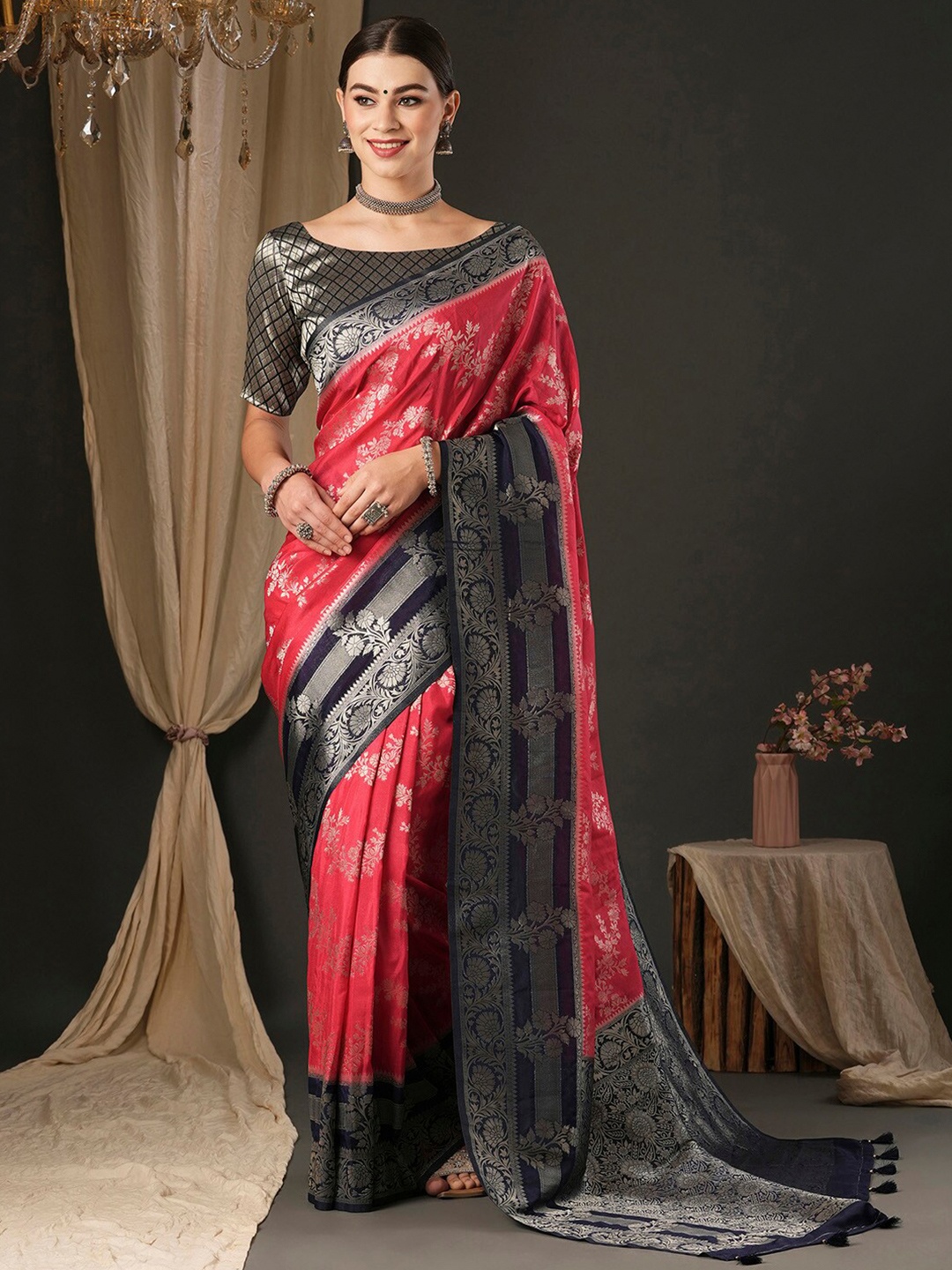 

Anouk Ethnic Motifs Pure Georgette Woven Design Traditional Wear Kanjeevaram Saree, Pink