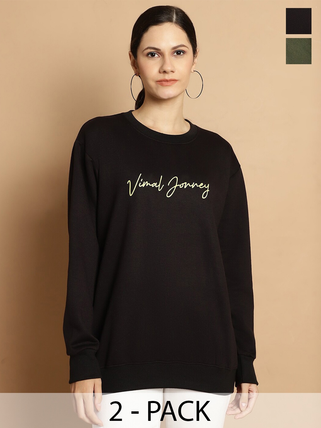 

VIMAL JONNEY Pack Of 2 Typography Printed Pullover Sweatshirts, Black