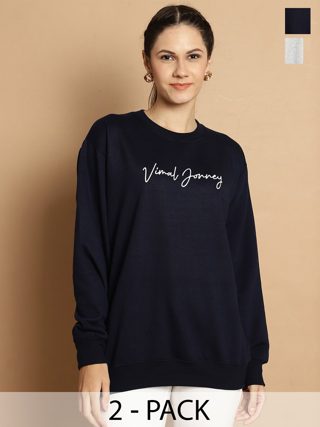 

VIMAL JONNEY Pack Of 2 Typography Printed Pullover Sweatshirts, Navy blue