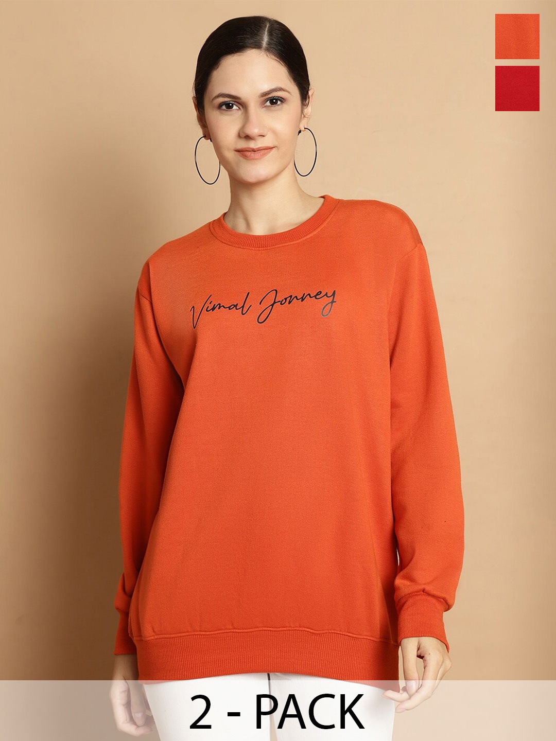 

VIMAL JONNEY Pack Of 2 Printed Fleece Longline Pullover Sweatshirt, Orange