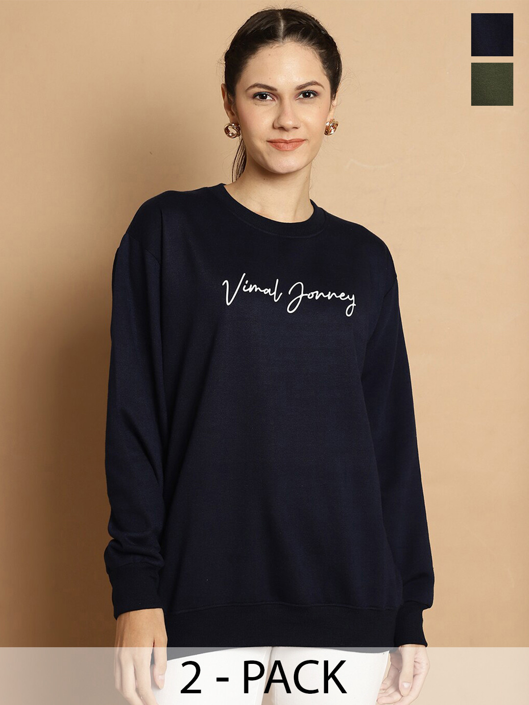 

VIMAL JONNEY Pack Of 2 Printed Fleece Longline Pullover Sweatshirt, Navy blue