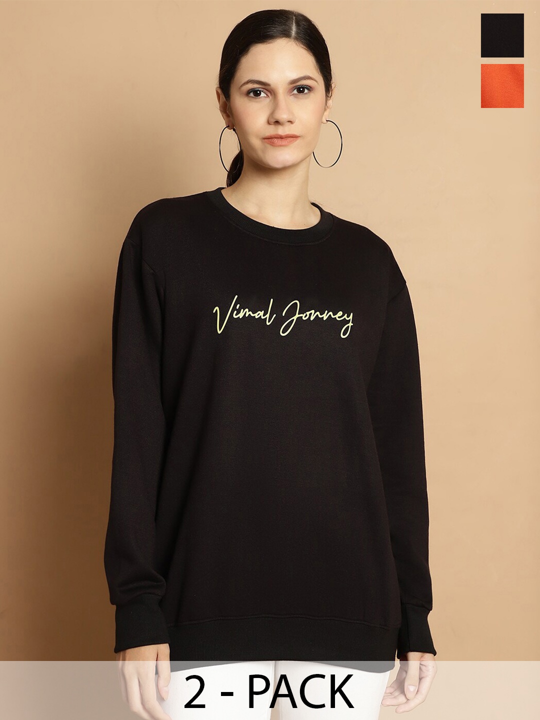 

VIMAL JONNEY Pack Of 2 Printed Fleece Longline Pullover Sweatshirt, Black